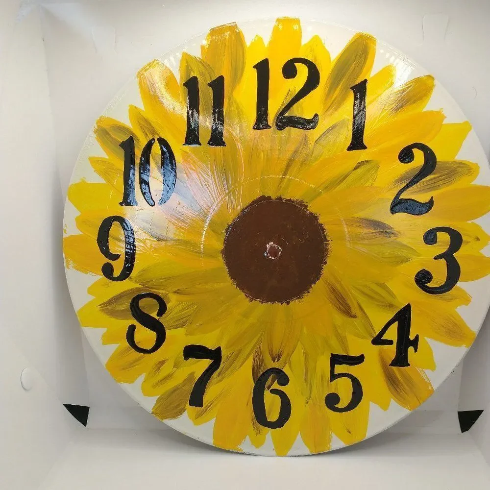 Hand Crafted Sunflower Hanging Wall Clock Analog Vinyl Record Fluid Art Decor